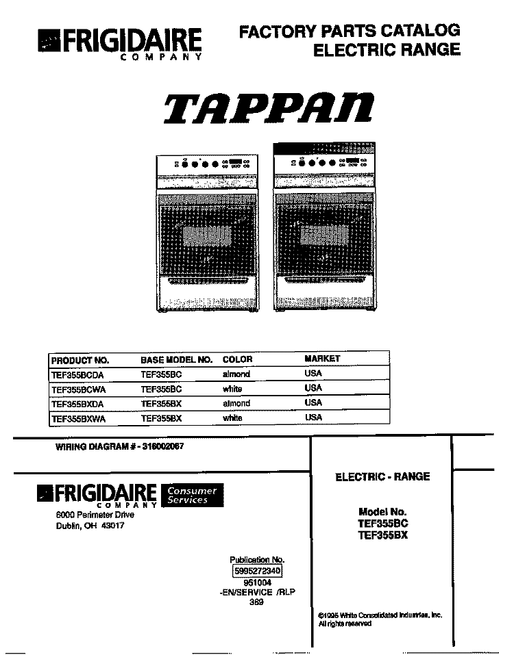 COVER Diagram and Parts List for TEF355BCDA  Tappan Range