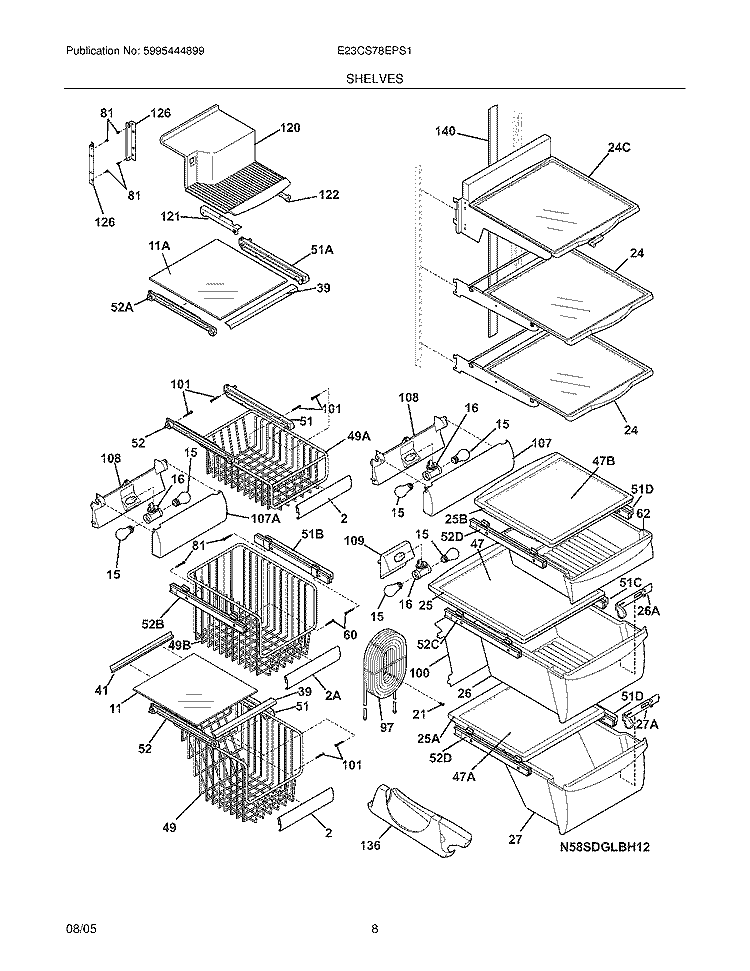 SHELVES Diagram and Parts List for E23CS78EPS1  Electrolux Refrigerator