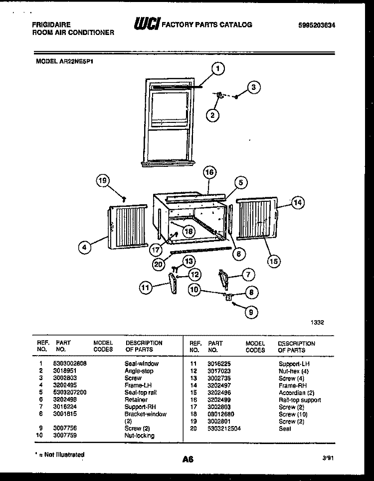 WINDOW MOUNTING PARTS Diagram and Parts List for AR22NE5P1  Frigidaire Air Conditioner