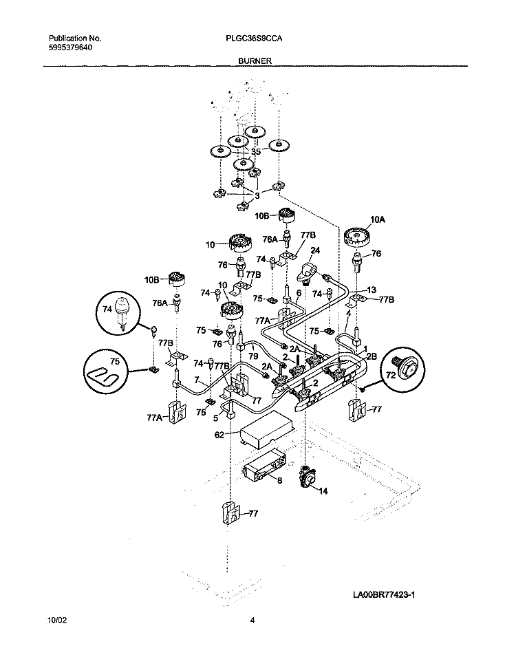BURNER Diagram and Parts List for PLGC36S9CCA  Frigidaire Cooktop
