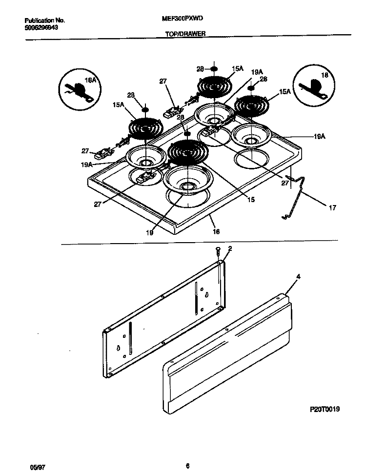 TOP / DRAWER Diagram and Parts List for MEF300PXWD  Frigidaire Range