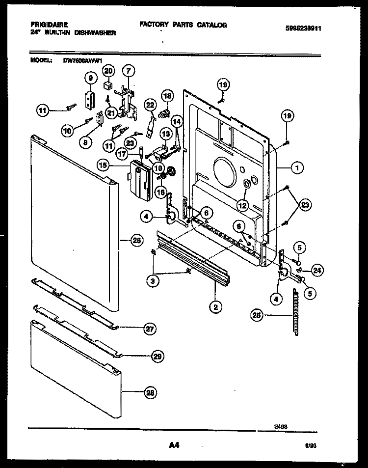 DOOR PARTS Diagram and Parts List for DW7600AWW1  Frigidaire Dishwasher