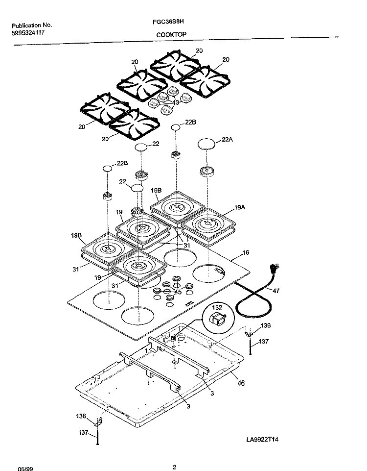 COOKTOP Diagram and Parts List for FGC36S8HBA  Frigidaire Cooktop