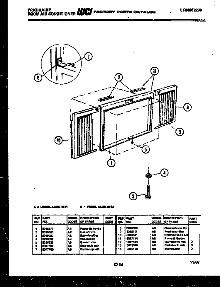 WINDOW MOUNTING PARTS Diagram and Parts List for A08LH5E1  Frigidaire Air Conditioner