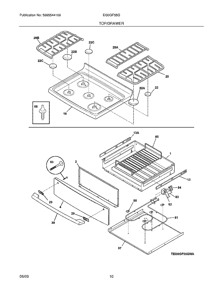 TOP/DRAWER Diagram and Parts List for EI30GF55GWB  Electrolux Range