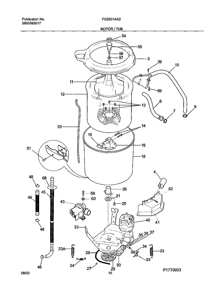 MOTOR / TUB Diagram and Parts List for FGZ831AS2  Frigidaire Washer Dryer Combo