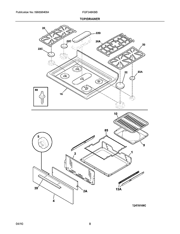 TOP/DRAWER Diagram and Parts List for FGF348KSD  Frigidaire Range