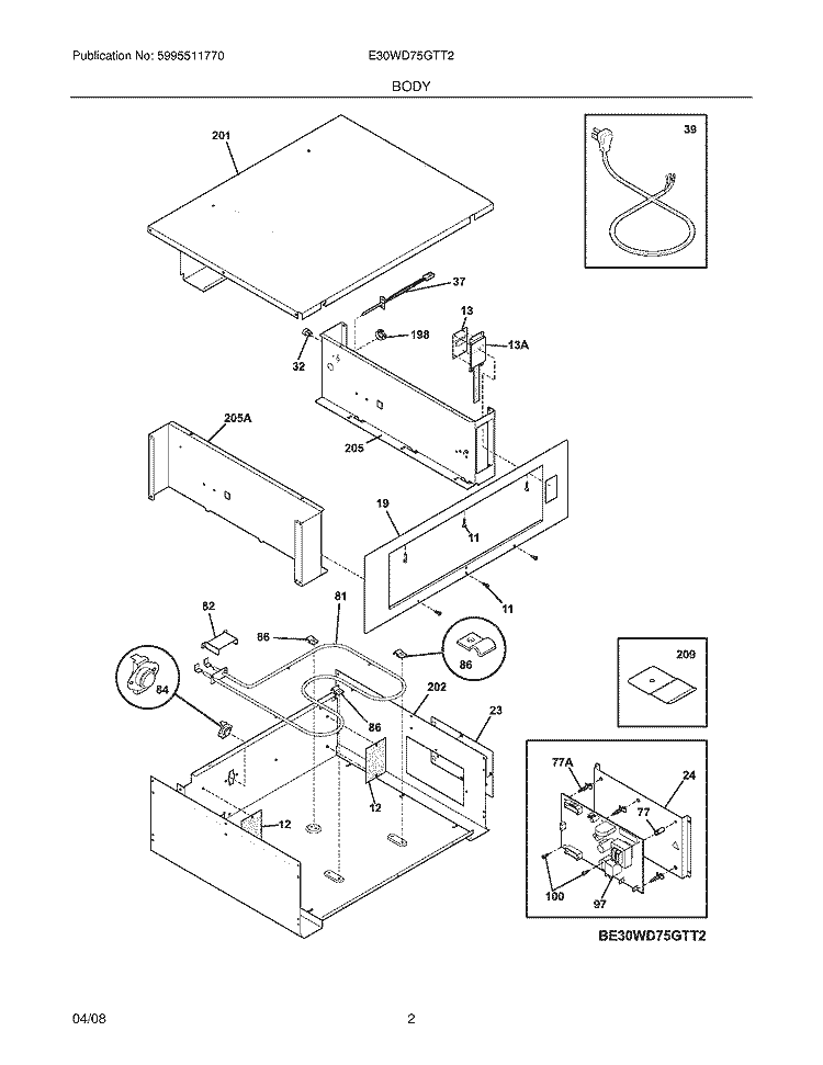 BODY Diagram and Parts List for E30WD75GTT2  Electrolux Warming Drawer