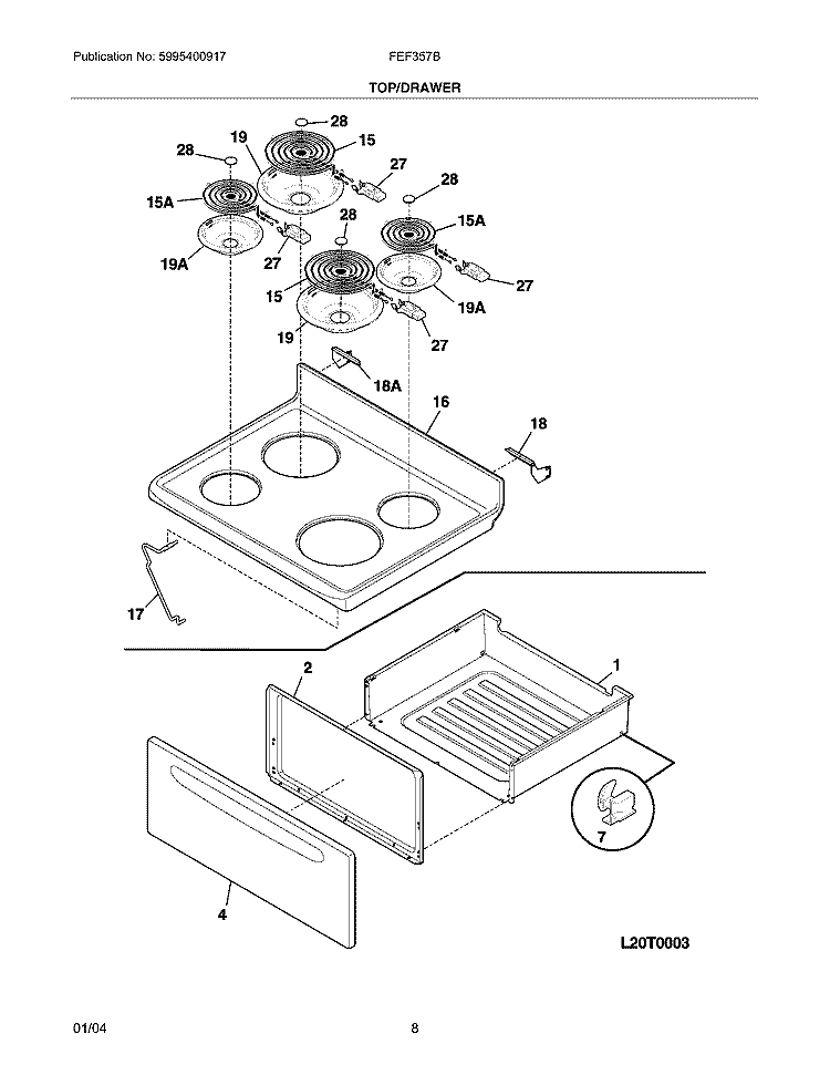 TOP / DRAWER Diagram and Parts List for FEF357BSE  Frigidaire Range