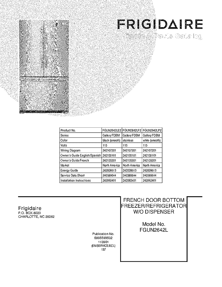 COVER Diagram and Parts List for FGUN2642LE2  Frigidaire Refrigerator