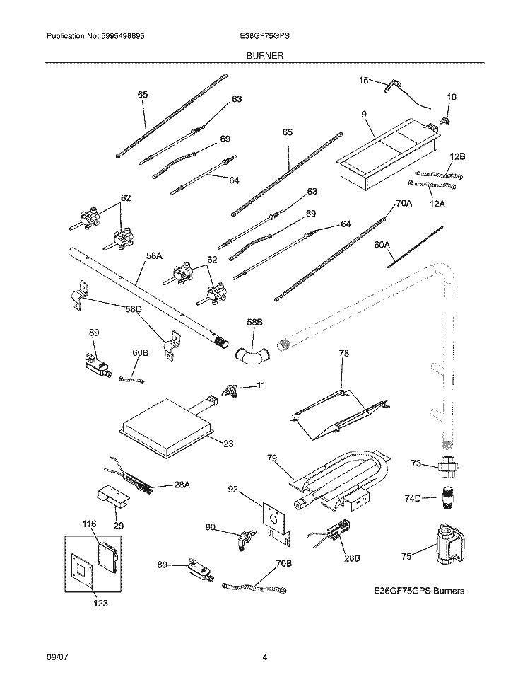 BURNER Diagram and Parts List for E36GF75GPS  Electrolux Cooktop
