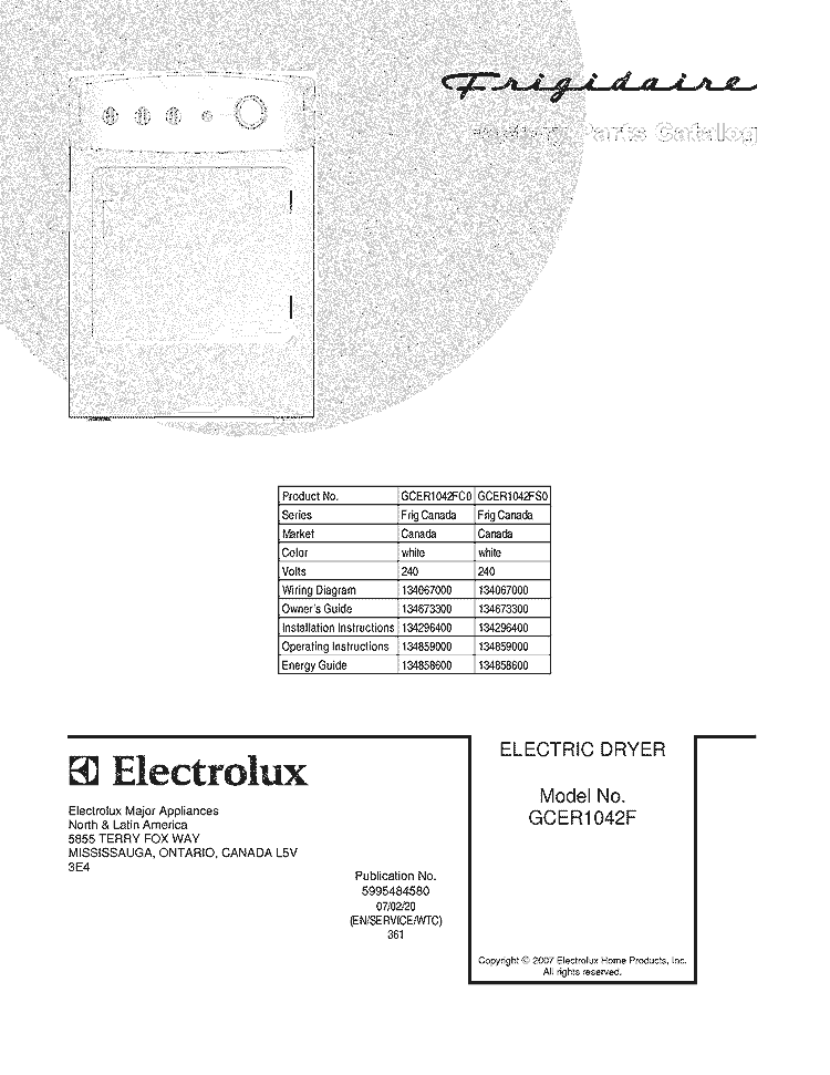 COVER Diagram and Parts List for GCER1042FC0  Frigidaire Dryer