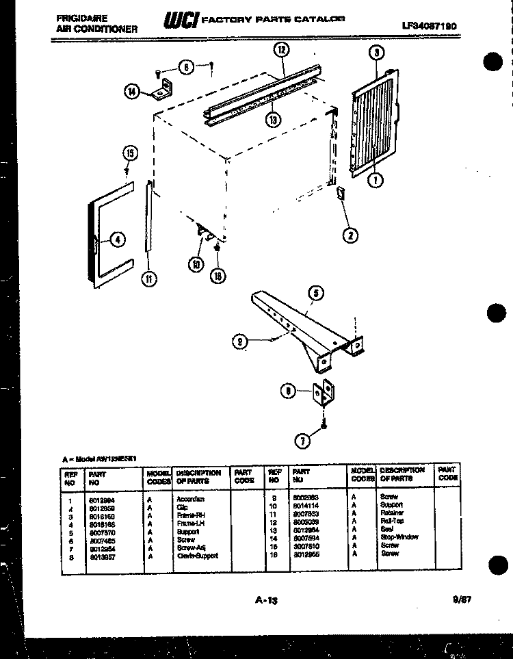 WINDOW MOUNTING PARTS Diagram and Parts List for AW12NE5E1  Frigidaire Air Conditioner