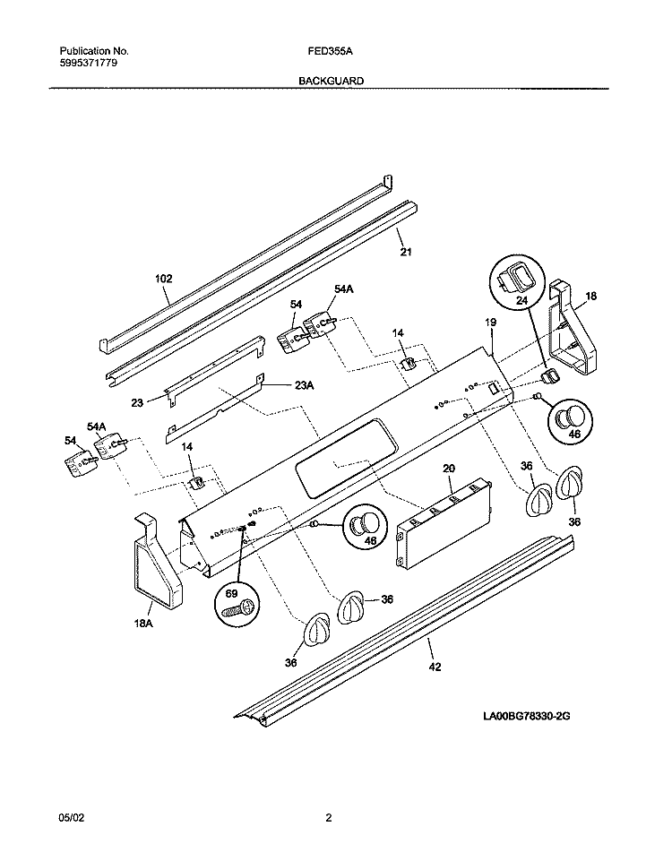 BACKGUARD Diagram and Parts List for FED355ASD  Frigidaire Range