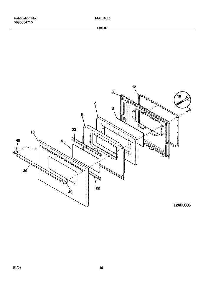 DOOR Diagram and Parts List for FGF316BSA  Frigidaire Range