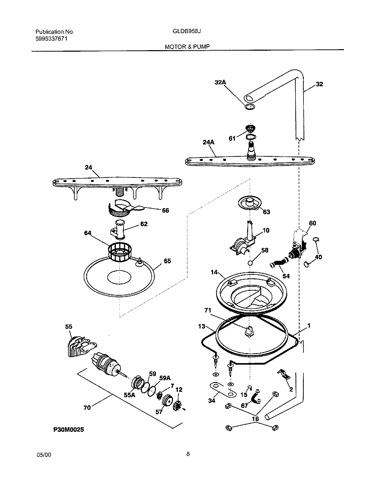 MOTOR & PUMP Diagram and Parts List for GLDB958JS0  Frigidaire Dishwasher