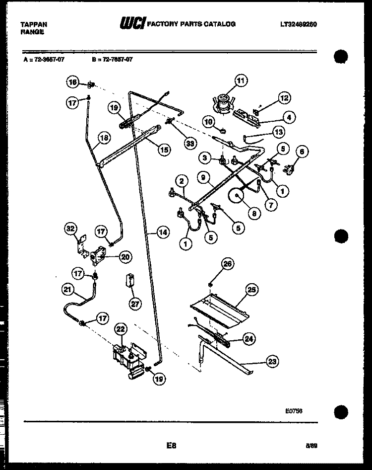 BURNER, MANIFOLD AND GAS CONTROL Diagram and Parts List for 72-3657-00-07  Tappan Range