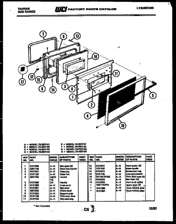 LOWER OVEN DOOR PARTS Diagram and Parts List for 72-3977-66-03  Tappan Range