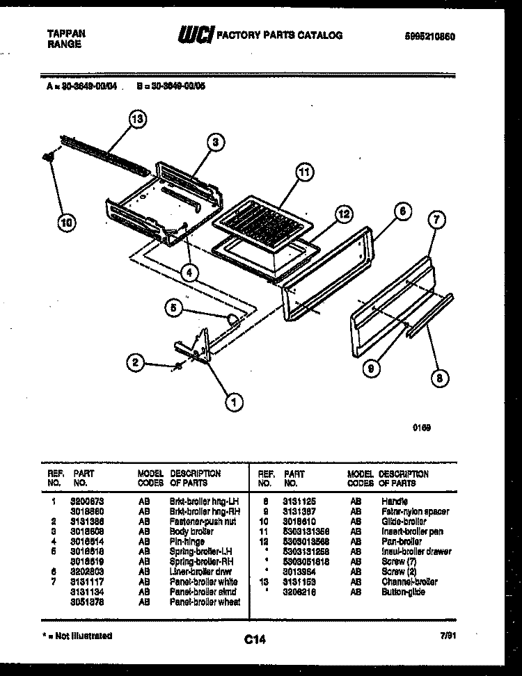 BROILER DRAWER PARTS Diagram and Parts List for 30-3649-00-05  Tappan Range