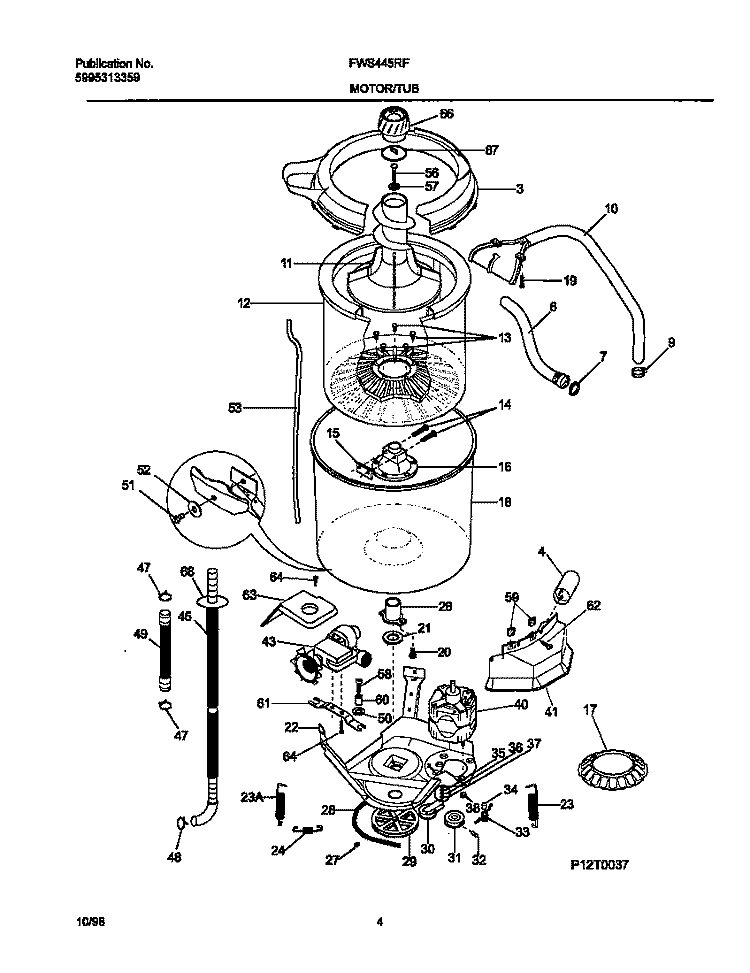 P12T0037 WSHR MTR, HOSE Diagram and Parts List for FWS445RFS1  Frigidaire Washer