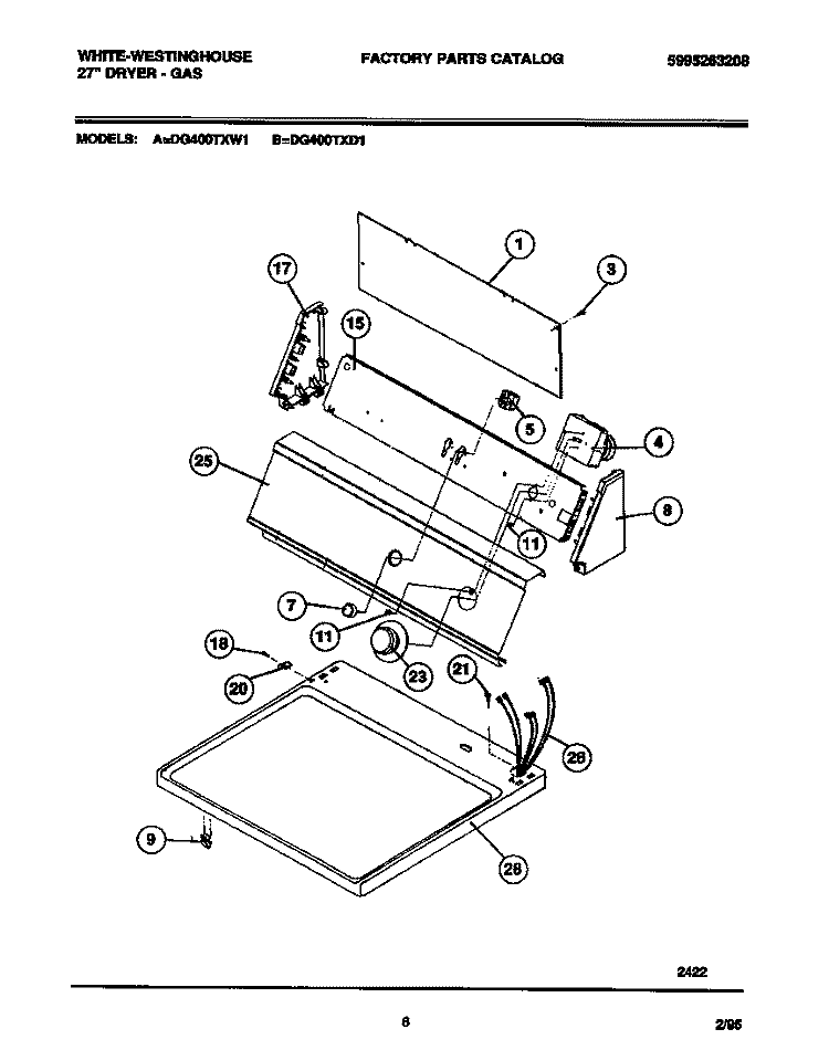 CONSOLE, CONTROLS, TOP PANEL Diagram and Parts List for DG400TXD1  Frigidaire Dryer