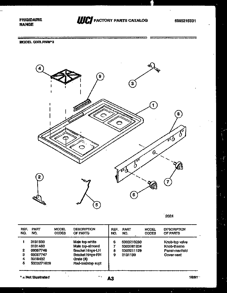 COOKTOP PARTS Diagram and Parts List for G30LPNL3  Frigidaire Range