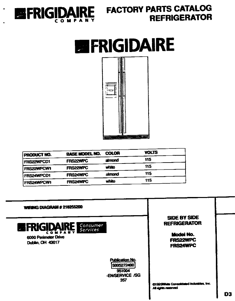 COVER Diagram and Parts List for FRS22WPCW1  Frigidaire Refrigerator