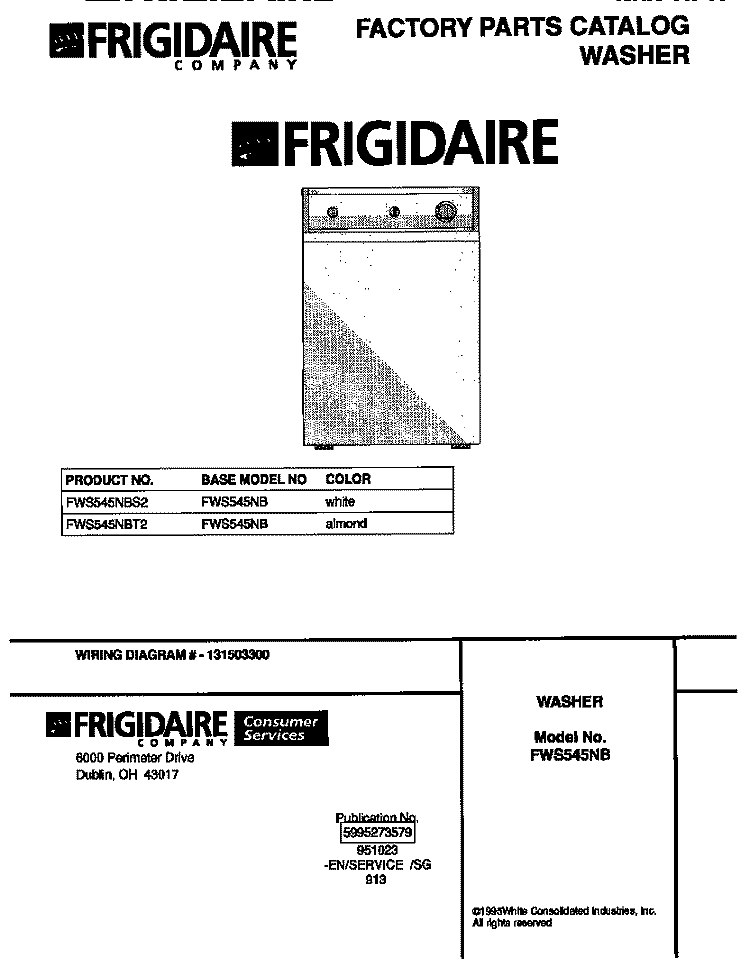 COVER Diagram and Parts List for FWS545NBS2  Frigidaire Washer