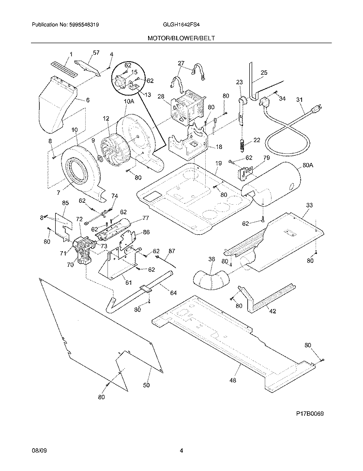 MOTOR/BLOWER/BELT Diagram and Parts List for GLGH1642FS4  Frigidaire Washer Dryer Combo