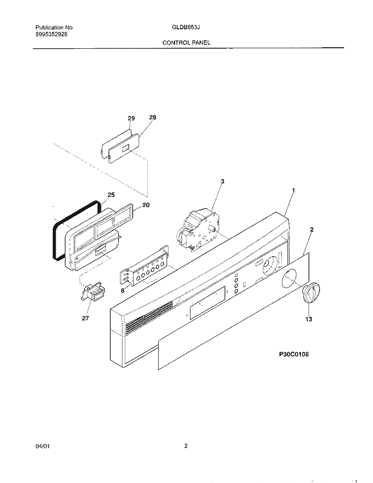CONTROL PANEL Diagram and Parts List for GLDB653JS1  Frigidaire Dishwasher