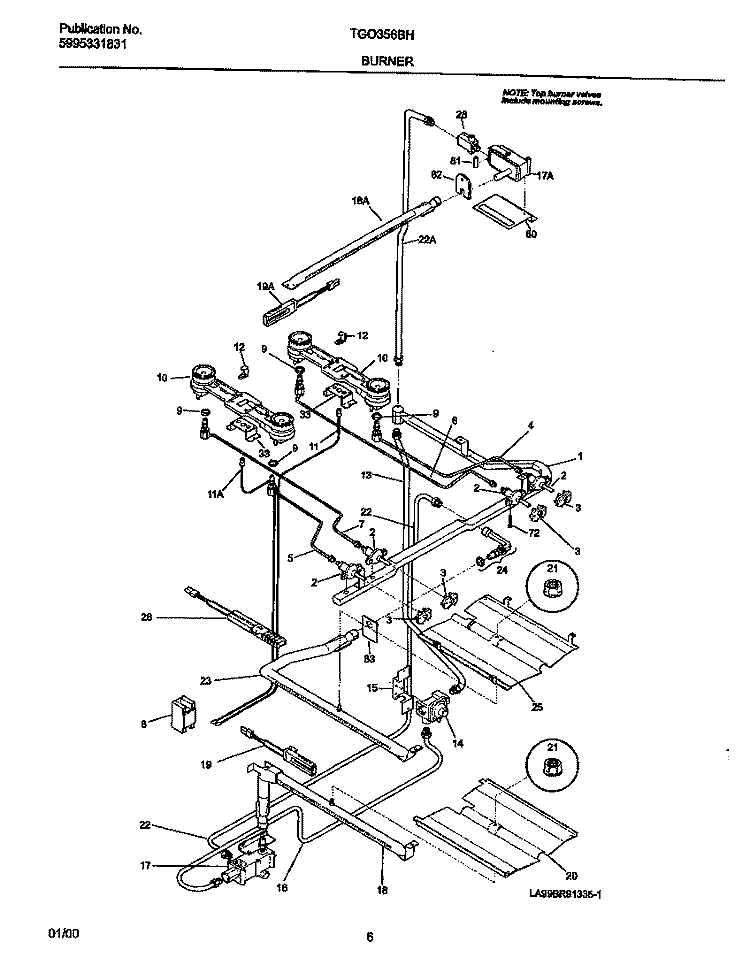 BURNER Diagram and Parts List for TGO356BHD3  Tappan Range