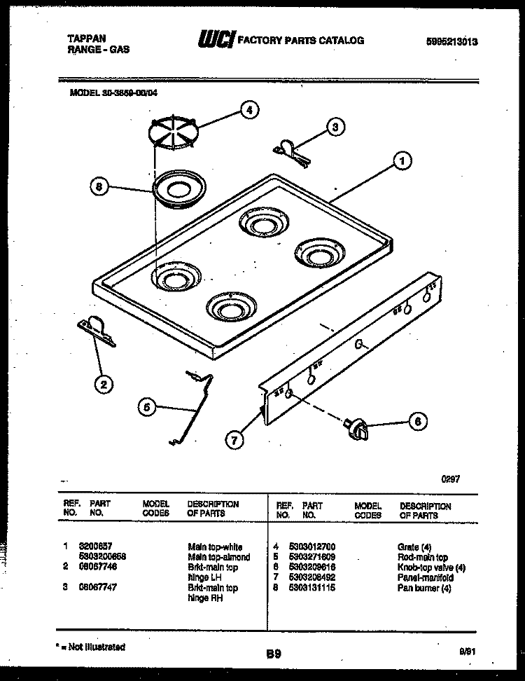 COOKTOP PARTS Diagram and Parts List for 30-3859-23-04  Tappan Range