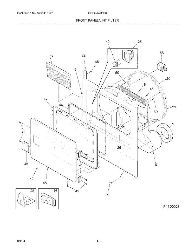 FRONT PANEL / LINT FILTER Diagram and Parts List for GSEQ642DS0  Frigidaire Dryer
