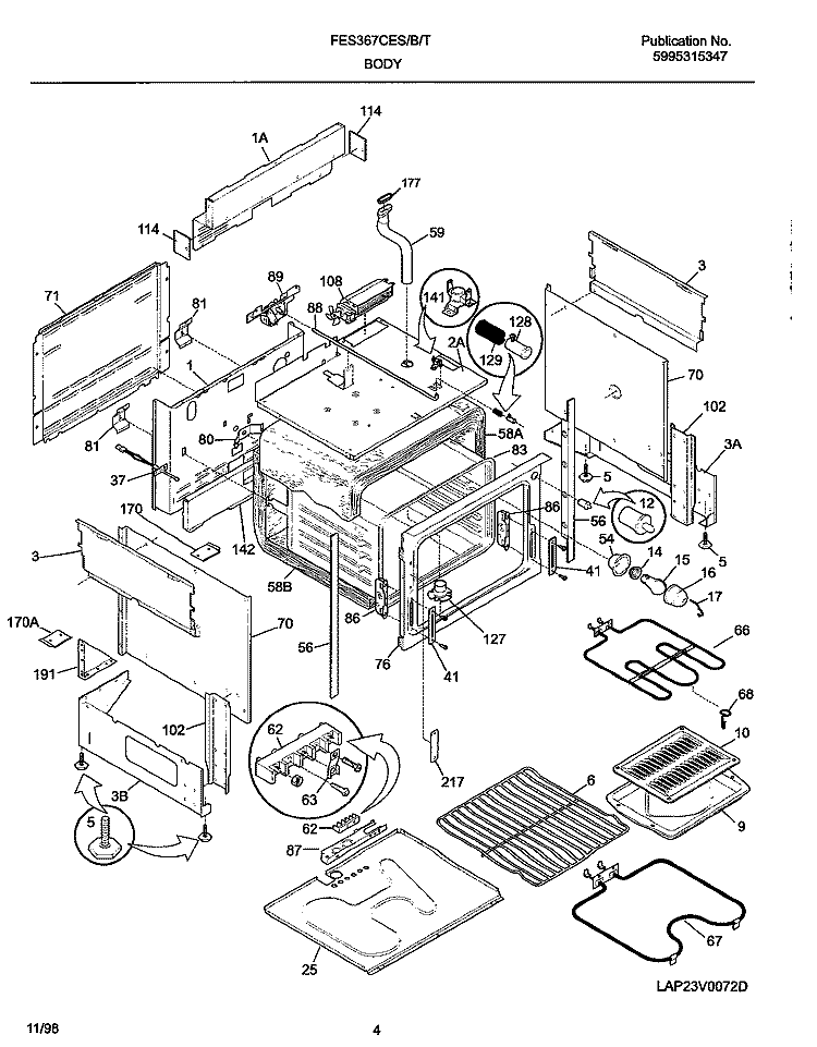 BODY Diagram and Parts List for FES367CETC  Frigidaire Range