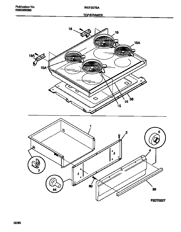TOP / DRAWER Diagram and Parts List for WEF357BAWB  Frigidaire Range