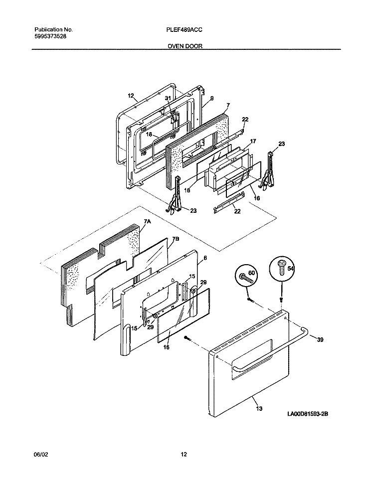 OVEN DOOR Diagram and Parts List for PLEF489ACC  Frigidaire Range