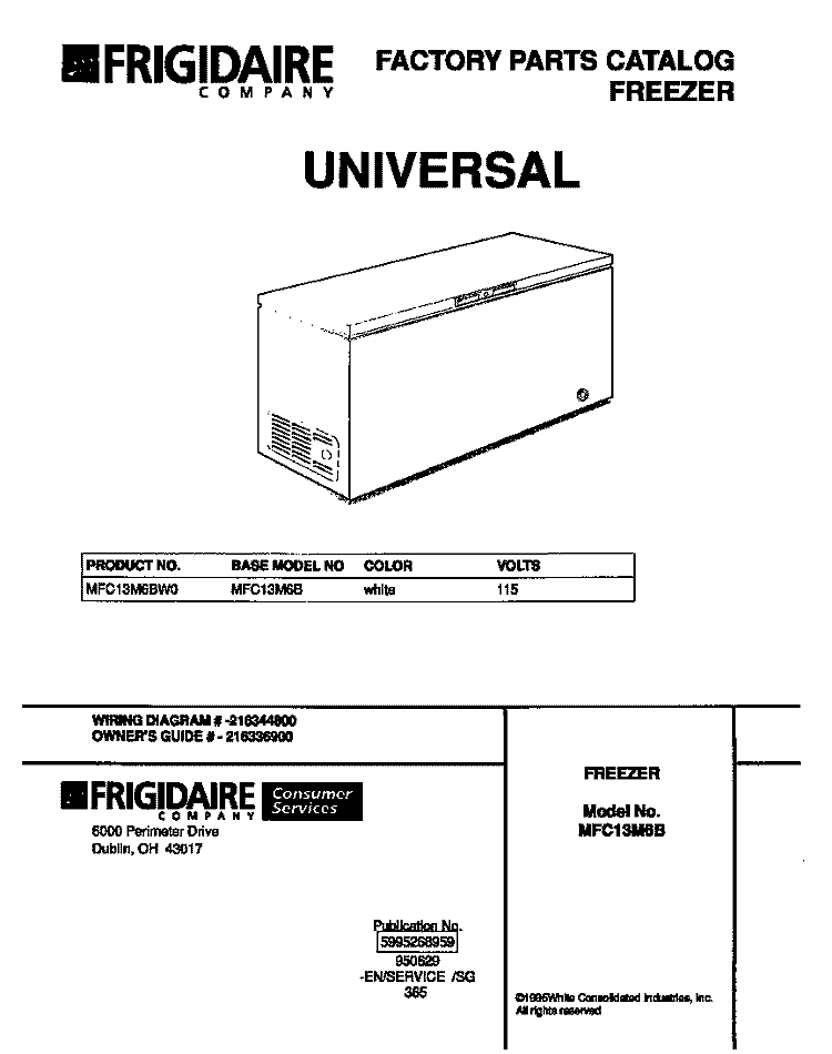 COVER Diagram and Parts List for MFC13M6BW0  Frigidaire Freezer