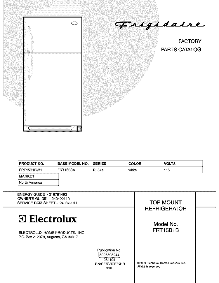 COVER Diagram and Parts List for FRT15B1BW1  Frigidaire Refrigerator