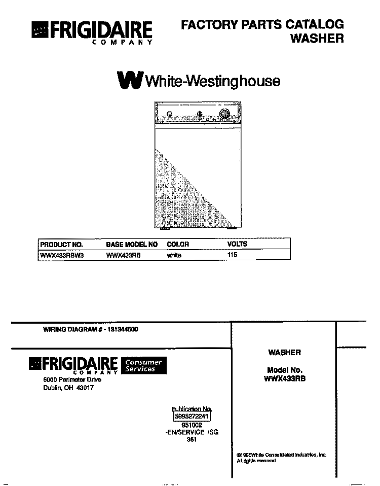 COVER Diagram and Parts List for WWX433RBW3  Frigidaire Washer