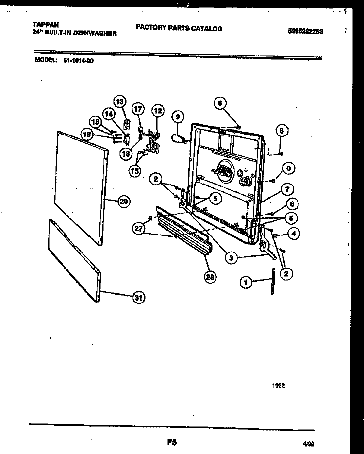DOOR PARTS Diagram and Parts List for 61-1014-10-00  Tappan Dishwasher