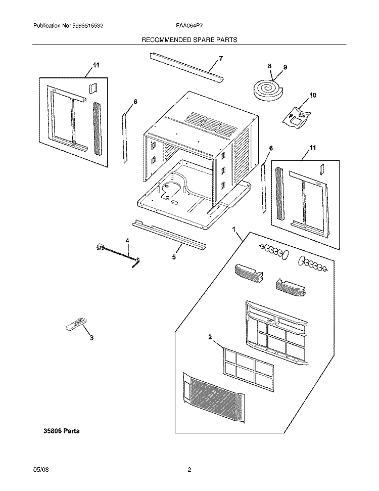 RECOMMENDED SPARE PARTS Diagram and Parts List for FAA064P7A11  Frigidaire Air Conditioner
