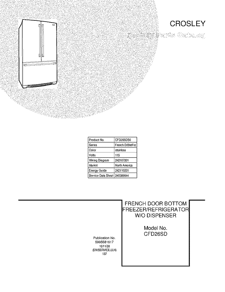 COVER Diagram and Parts List for CFD26SDS0  Crosley Refrigerator