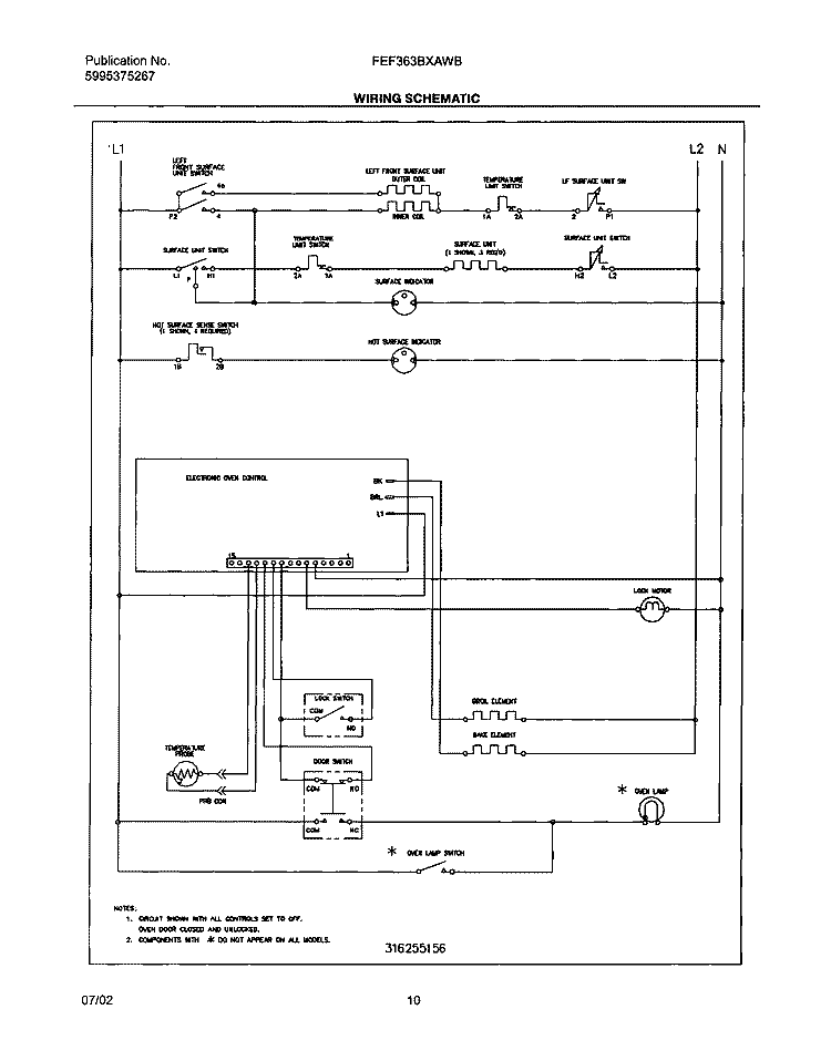 WIRING SCHEMATIC Diagram and Parts List for FEF363BXAWB  Frigidaire Range