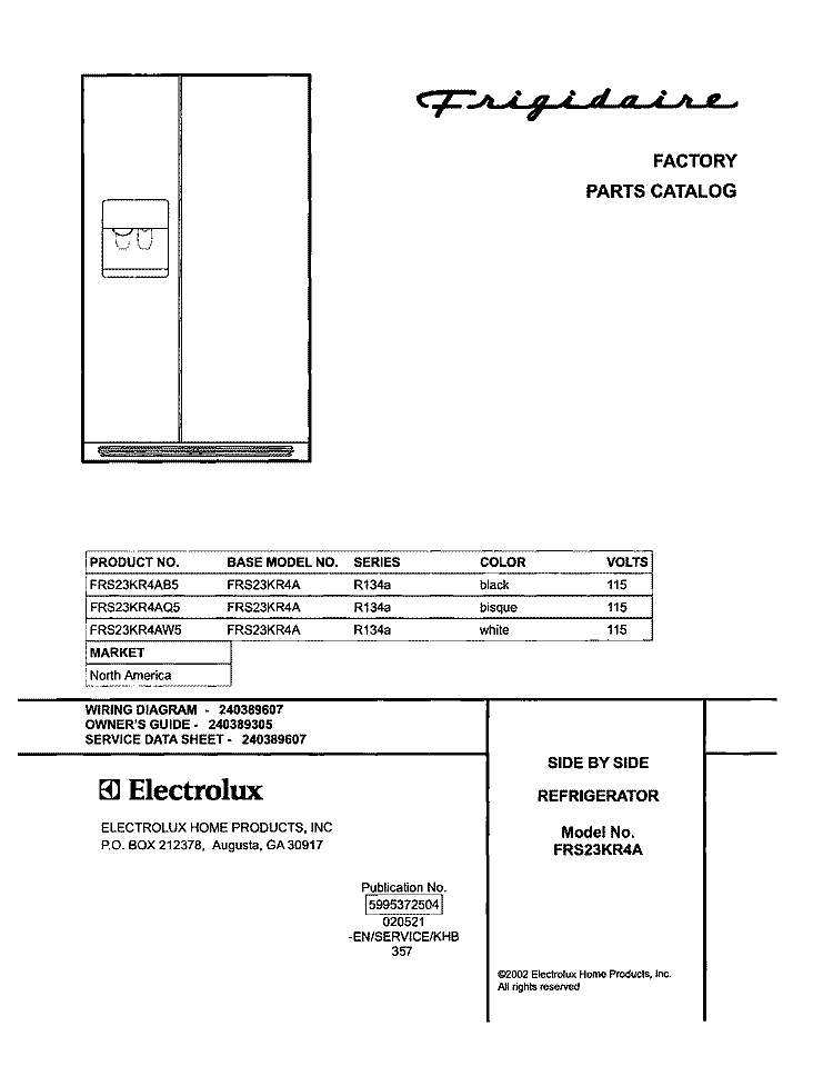 COVER Diagram and Parts List for FRS23KR4AQ5  Frigidaire Refrigerator