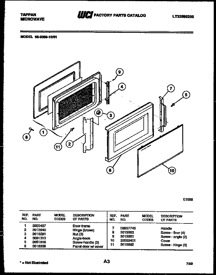 DOOR PARTS Diagram and Parts List for 56-9389-00-01  Tappan Microwave