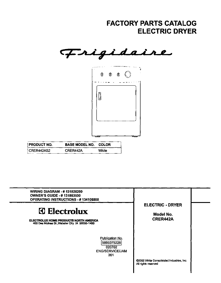 COVER Diagram and Parts List for CRER442AS2  Frigidaire Dryer