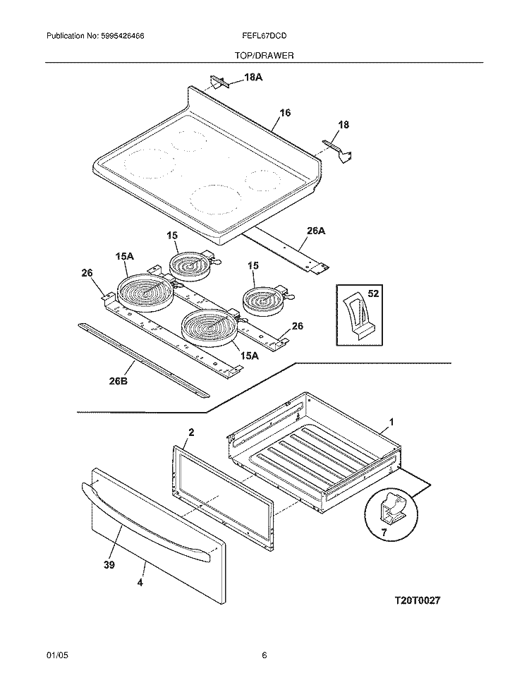 TOP / DRAWER Diagram and Parts List for FEFL67DCD  Frigidaire Range