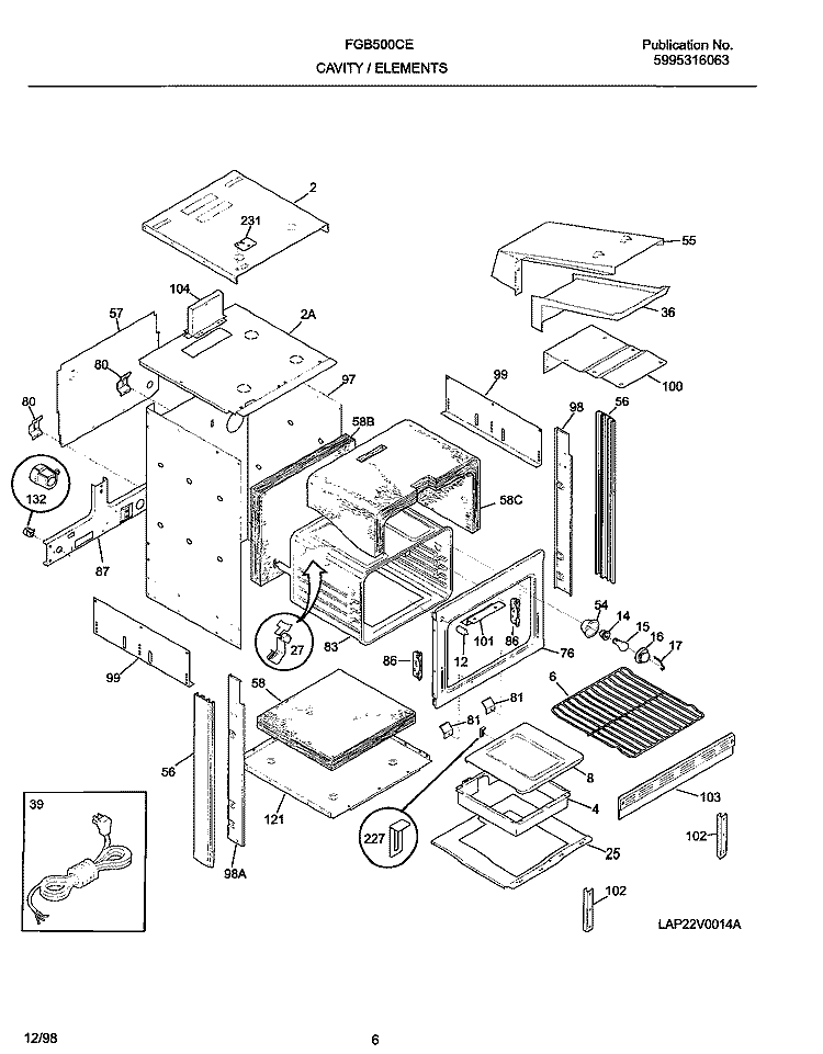 CAVITY / ELEMENTS Diagram and Parts List for FGB500CESI  Frigidaire Wall Oven