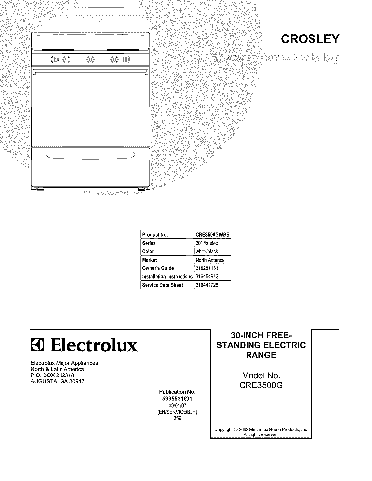 COVER Diagram and Parts List for CRE3500GWBB  Crosley Range