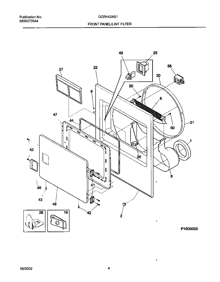 FRNT PNL, DOOR Diagram and Parts List for GGR442AS1  Gibson Dryer